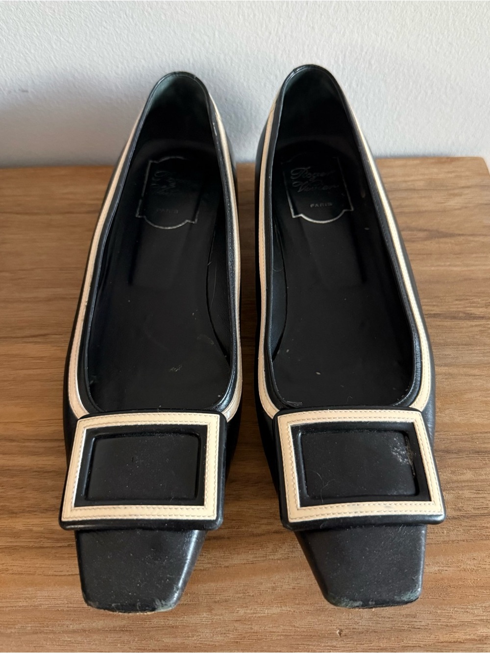 Vintage Roger Vivier Black Flats with Cream Trim and Buckle